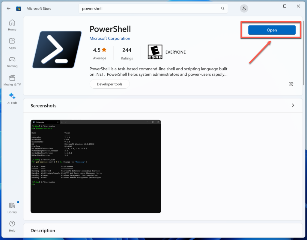 Microsoft Store PowerShell installed