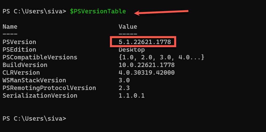 PSVersionTable command to check PS 5.1