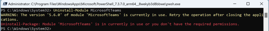 uninstall-package: Module 'MicrosoftTeams' is in currently in use error