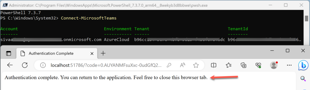 Connect-MicrosoftTeams browser based authentication success