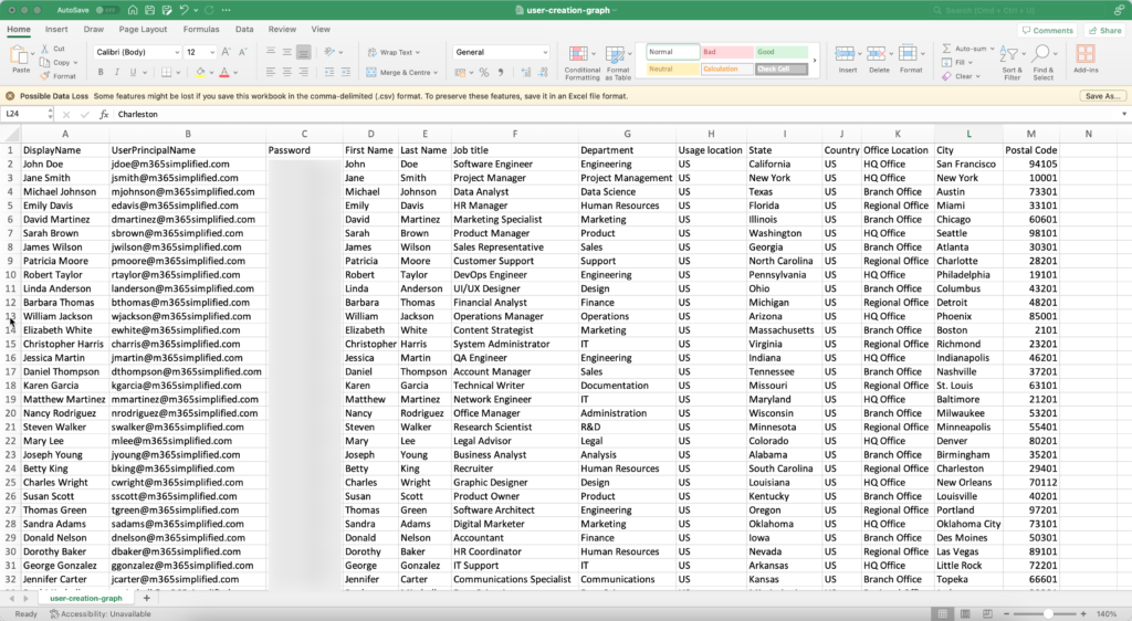 Sample CSV file with user data